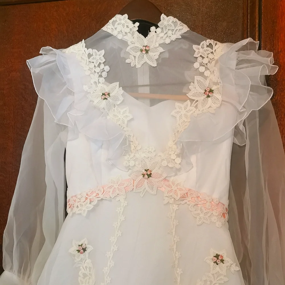 Vintage 60s Wedding Dress Long Veil Train Ruffles Floral Lace Barbie Pink 1960 - Picture 3 of 16